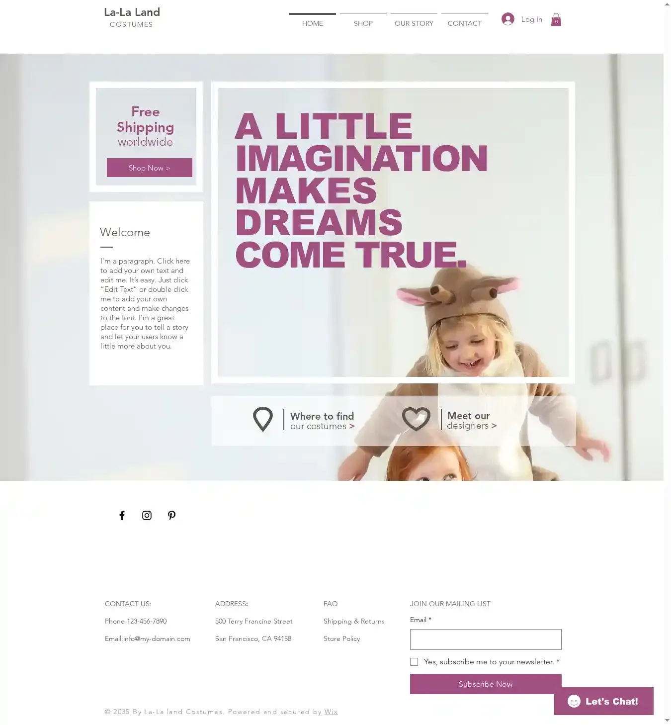Kids Costume Store home page on desktop