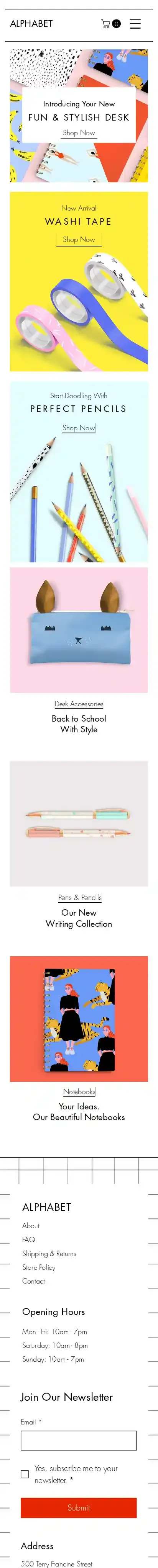 Stationery Store home page on mobile