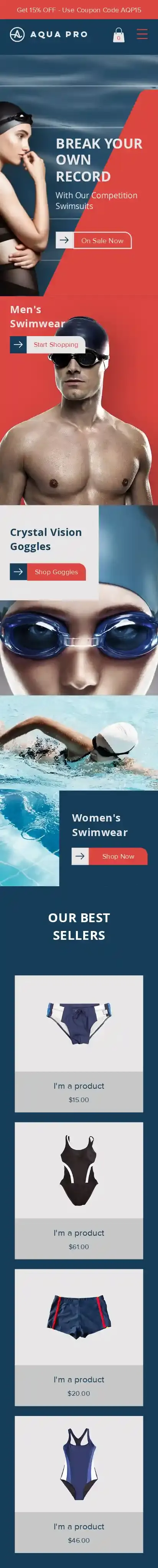 Swimwear Store home page on mobile