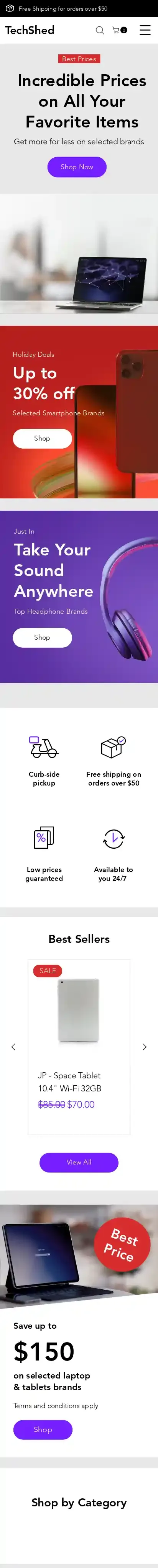 Electronics Store home page on mobile