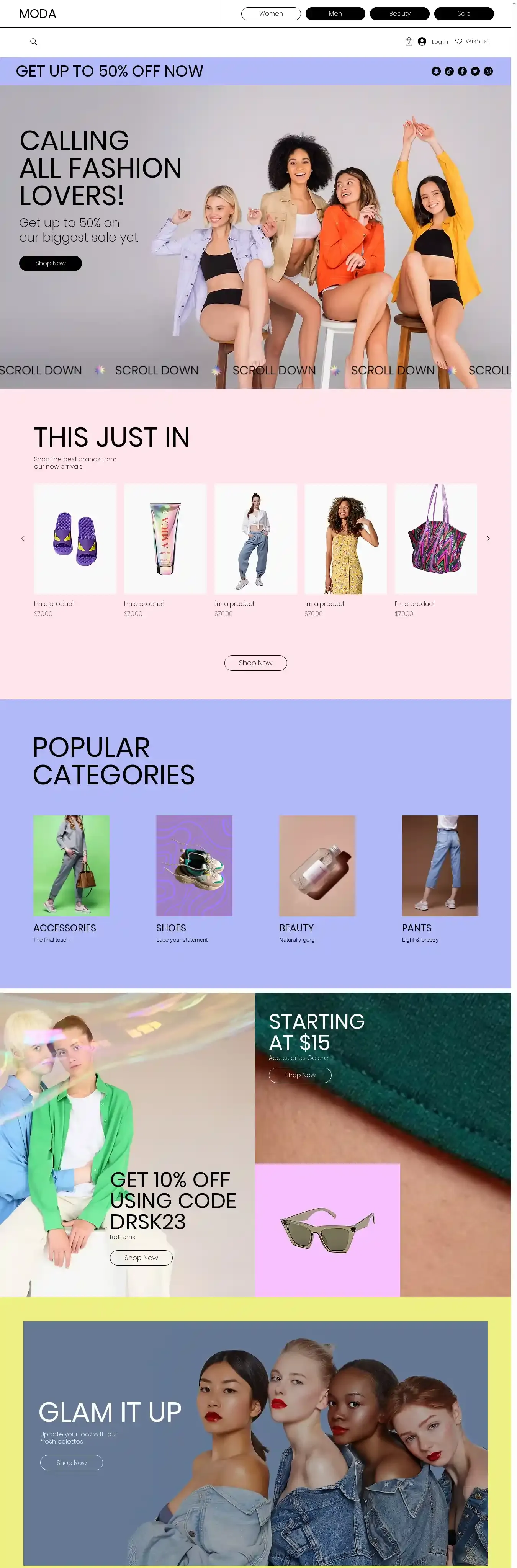 Clothing Store home page on desktop