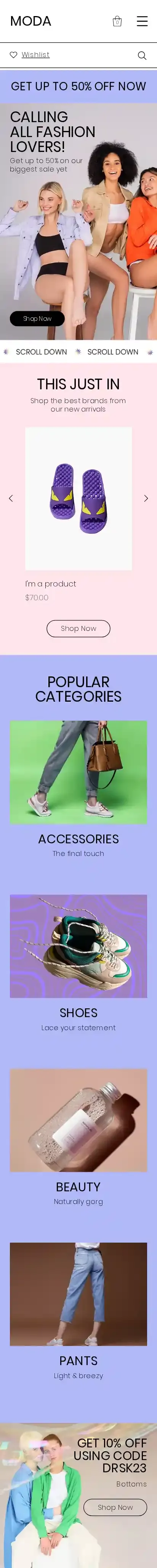 Clothing Store home page on mobile