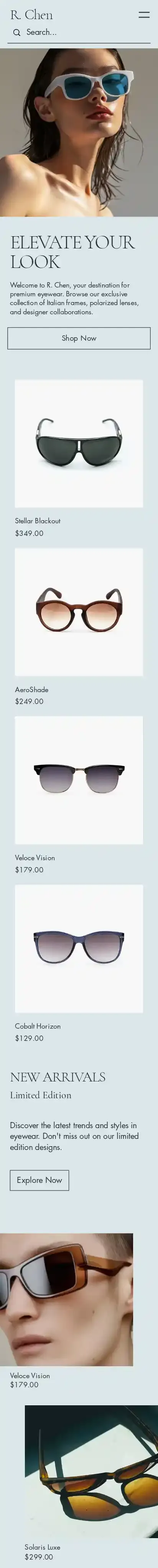 Ecom Eyewear Store (Trendy) home page on mobile