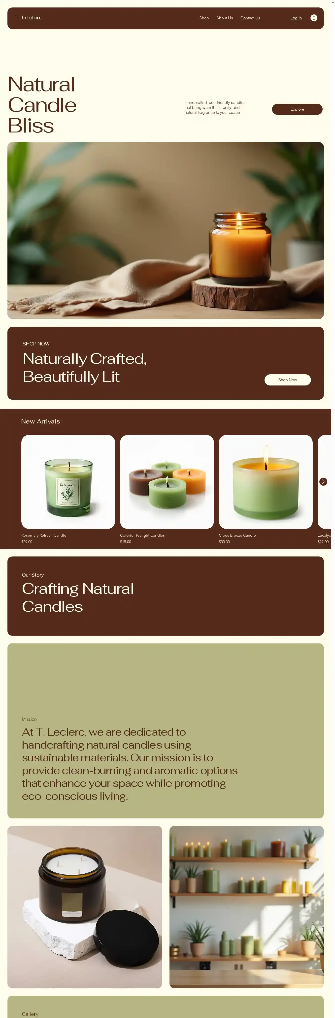 Ecom Natural Candle Boutique (Earthy) home page on desktop