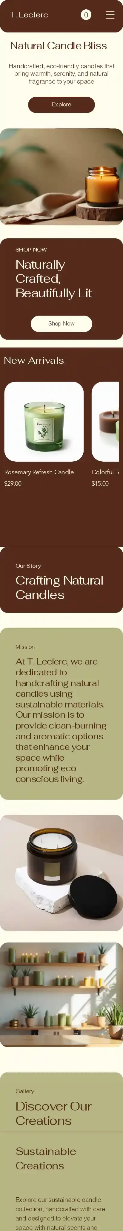 Ecom Natural Candle Boutique (Earthy) home page on mobile