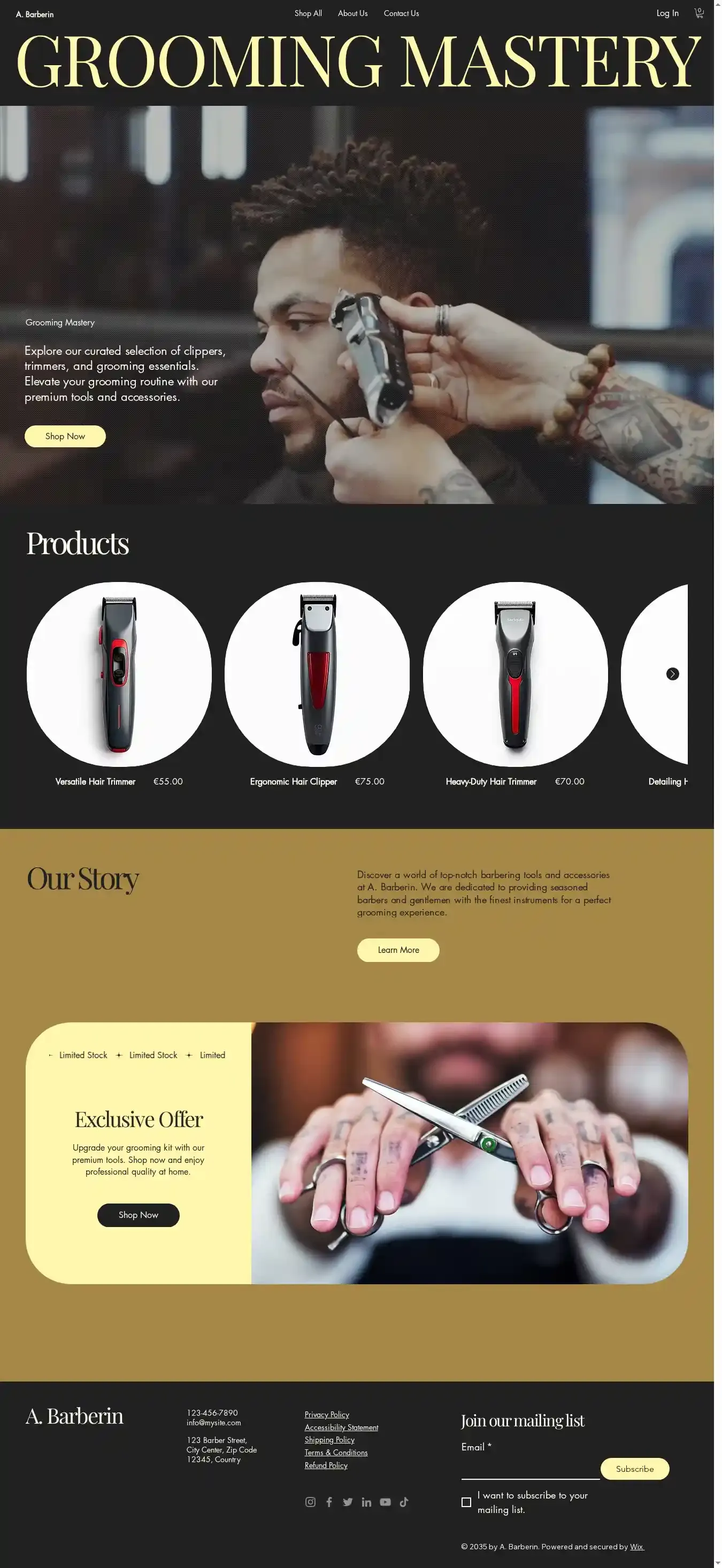 Online Barber Supply Store (Classic) home page on desktop