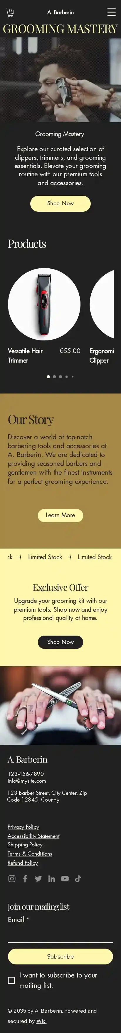 Online Barber Supply Store (Classic) home page on mobile