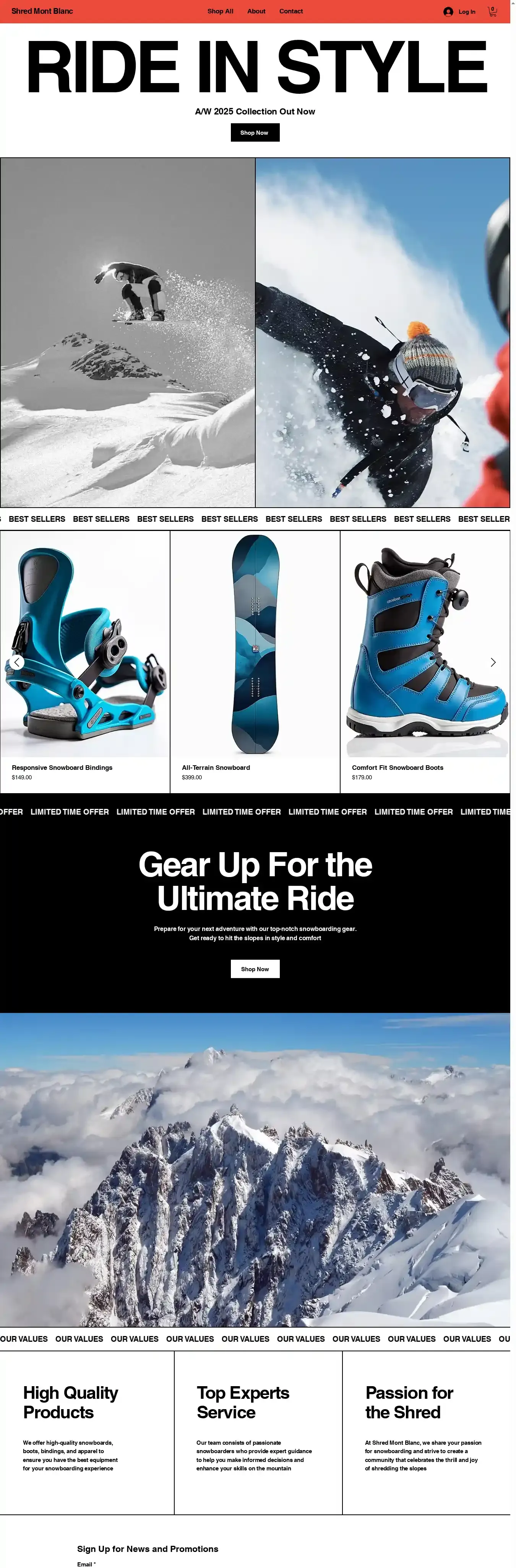Snowboard Shop (Edgy) home page on desktop