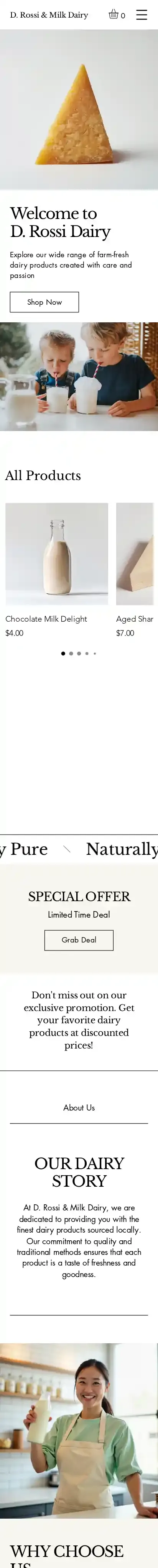 Dairy Store (Clean) home page on mobile