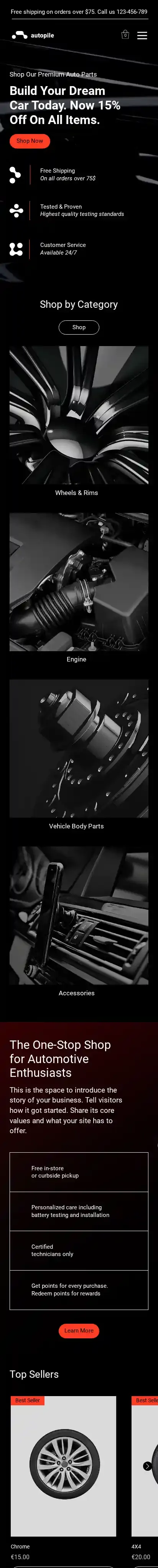 Auto Parts Store (Dark) home page on mobile