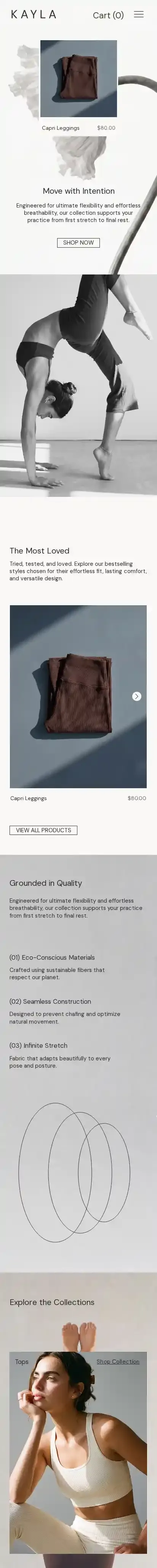 Yoga Wear Store (Calm) home page on mobile