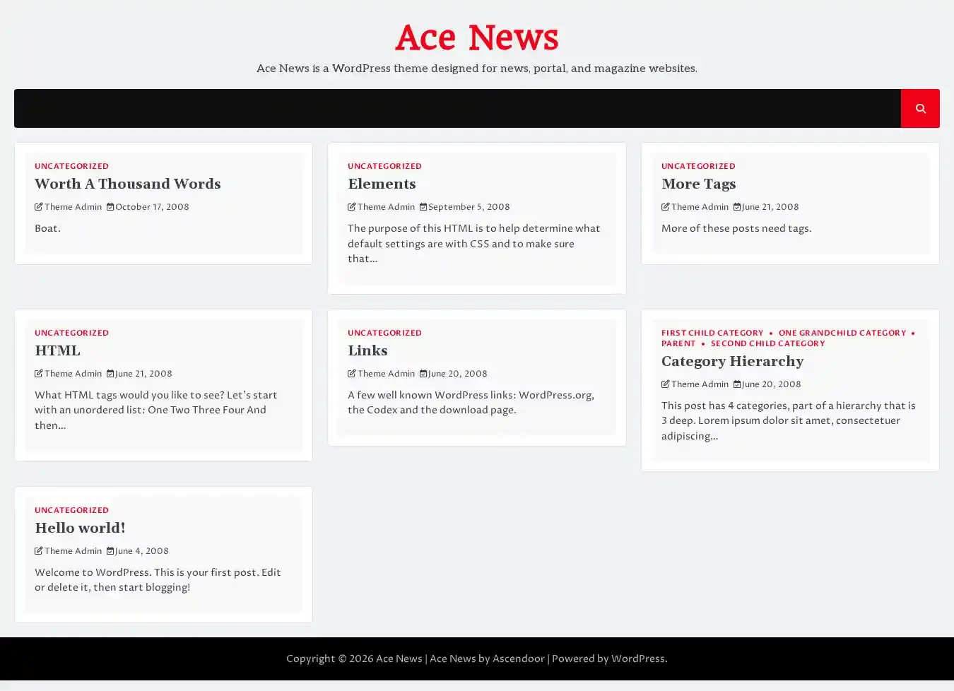 Ace News home page on desktop