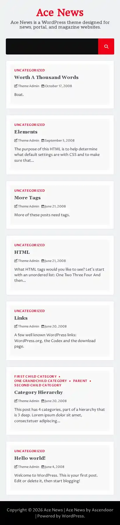 Ace News home page on mobile
