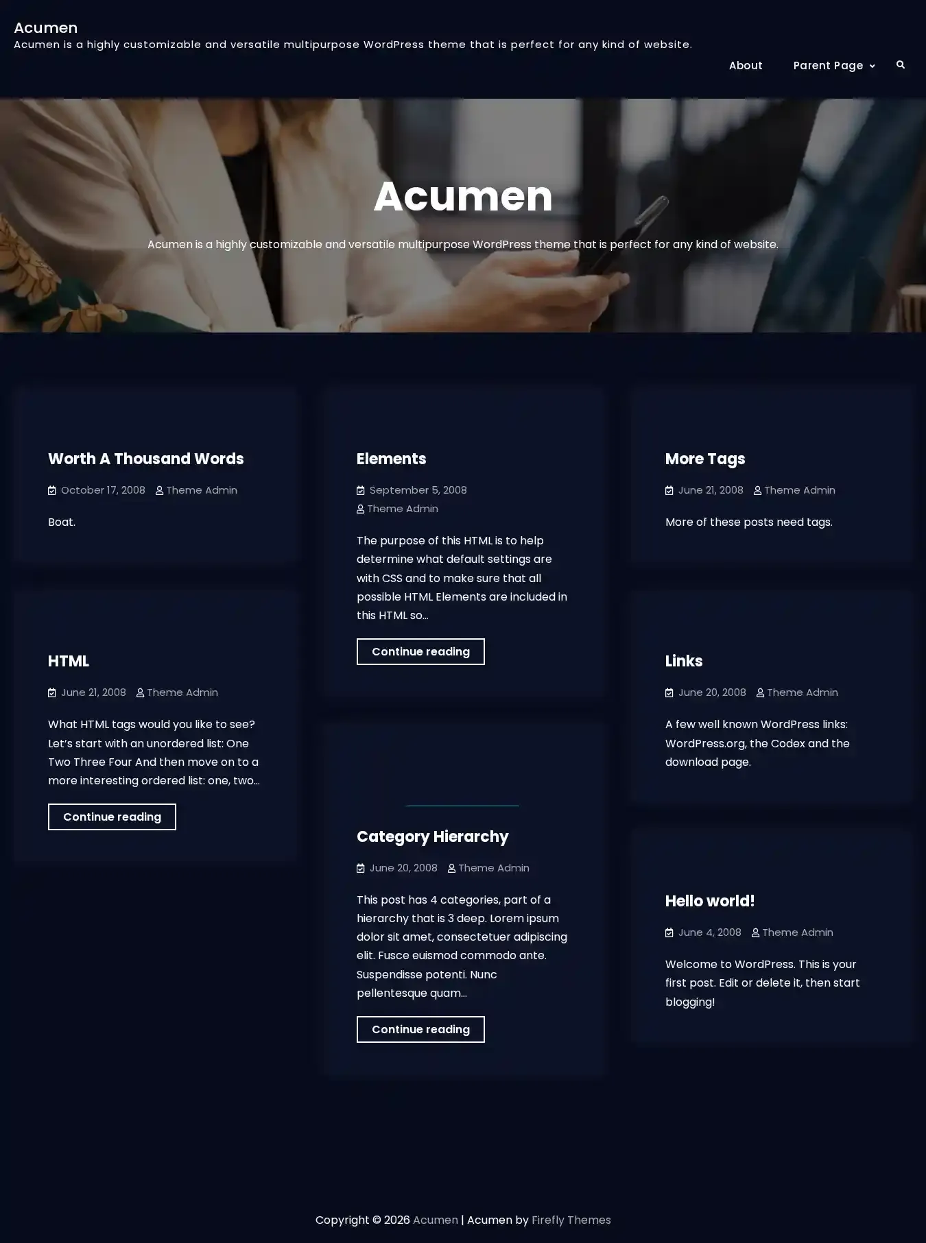 Acumen home page on desktop