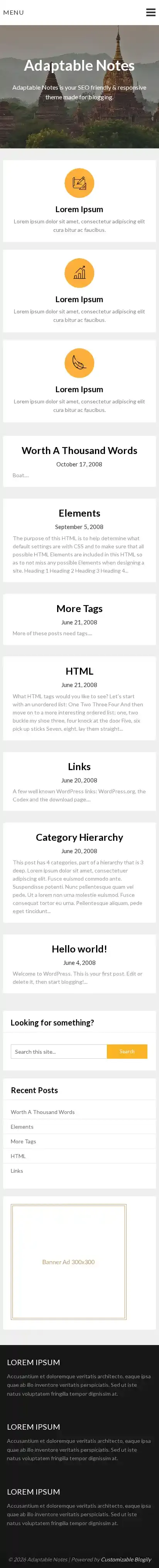 Adaptable Notes home page on mobile