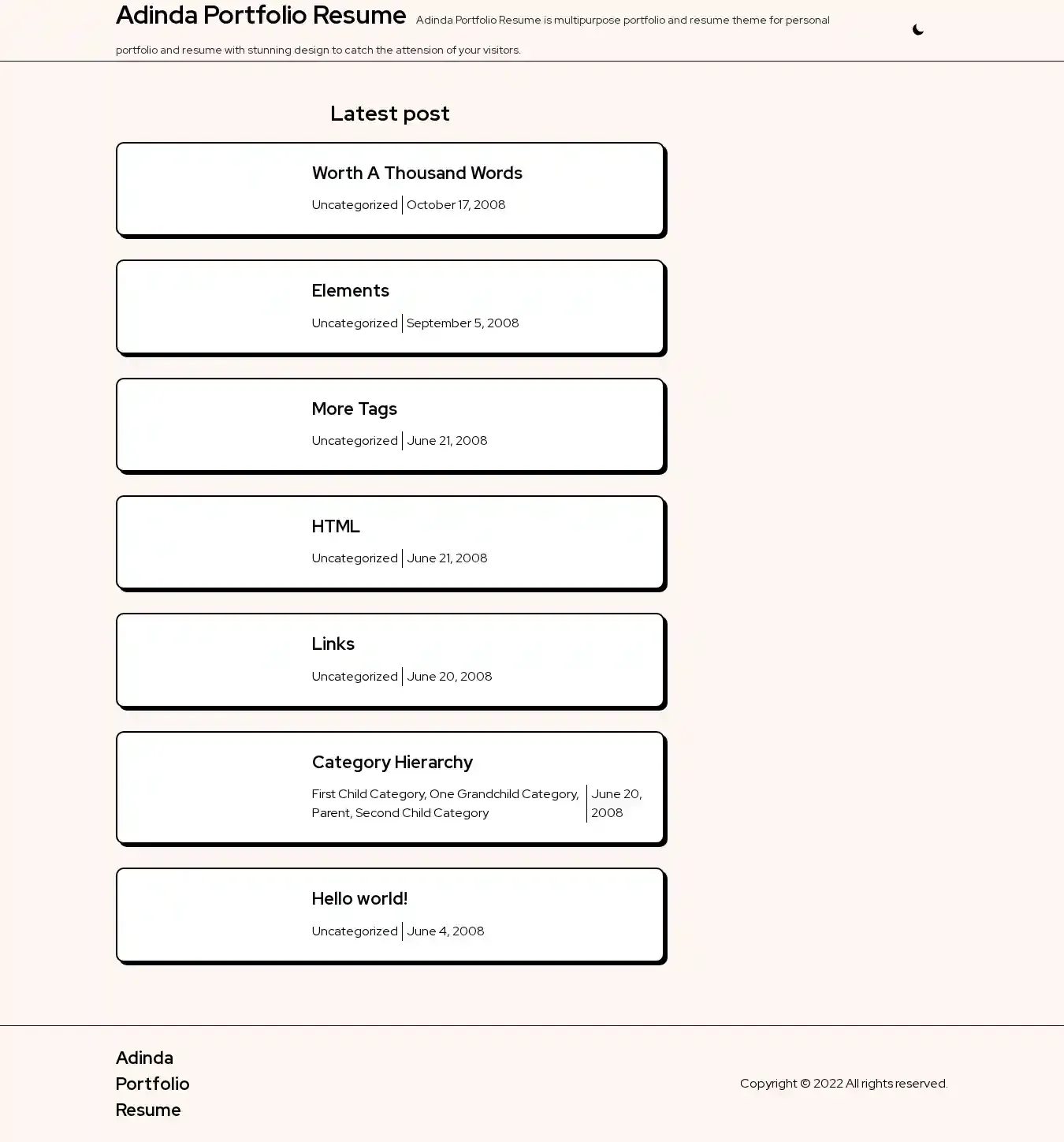 Adinda Portfolio Resume home page on desktop