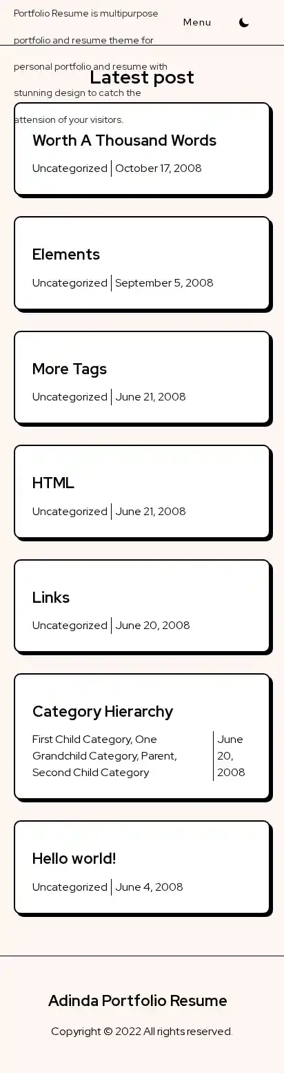 Adinda Portfolio Resume home page on mobile
