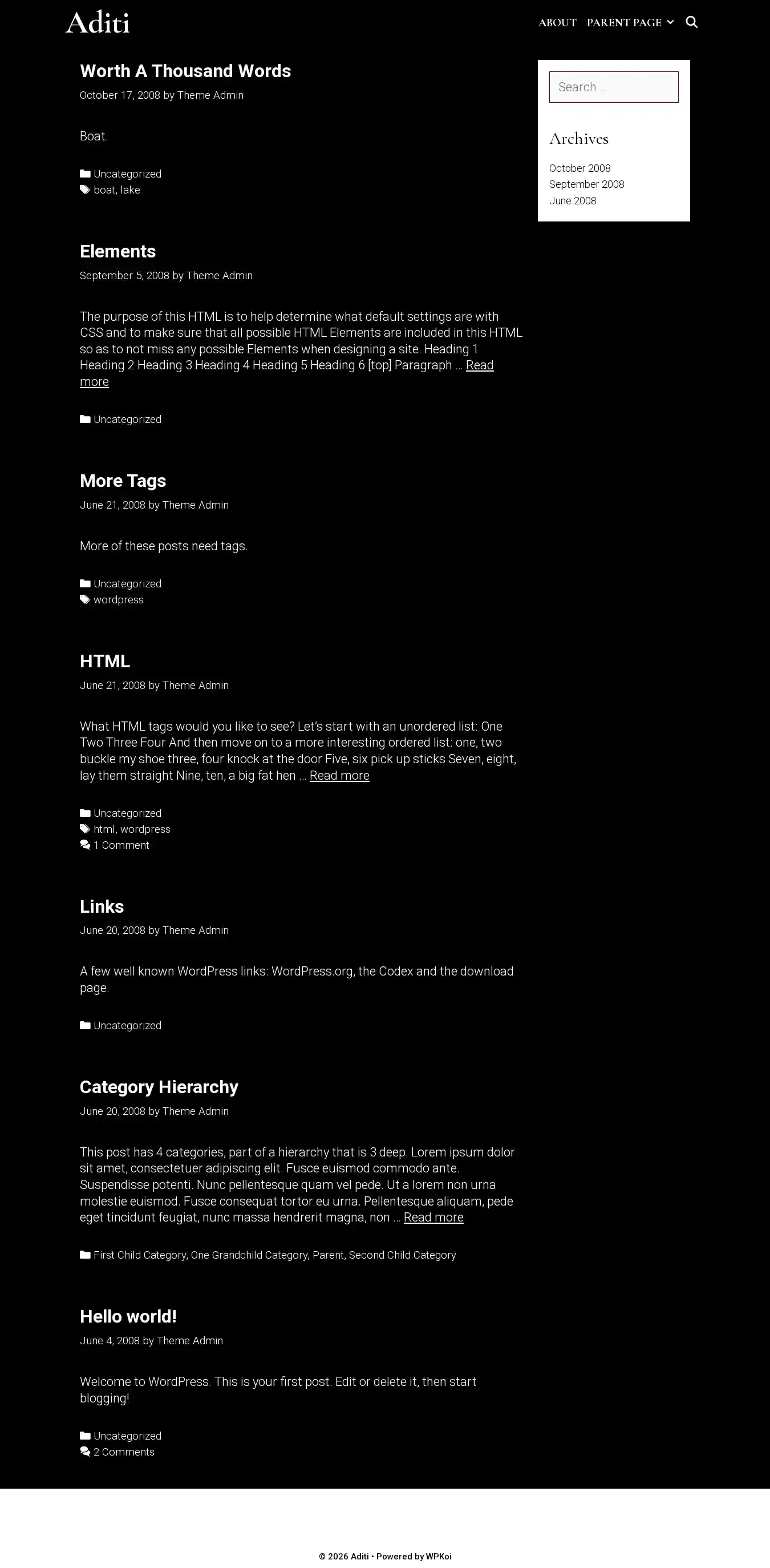 Aditi home page on desktop