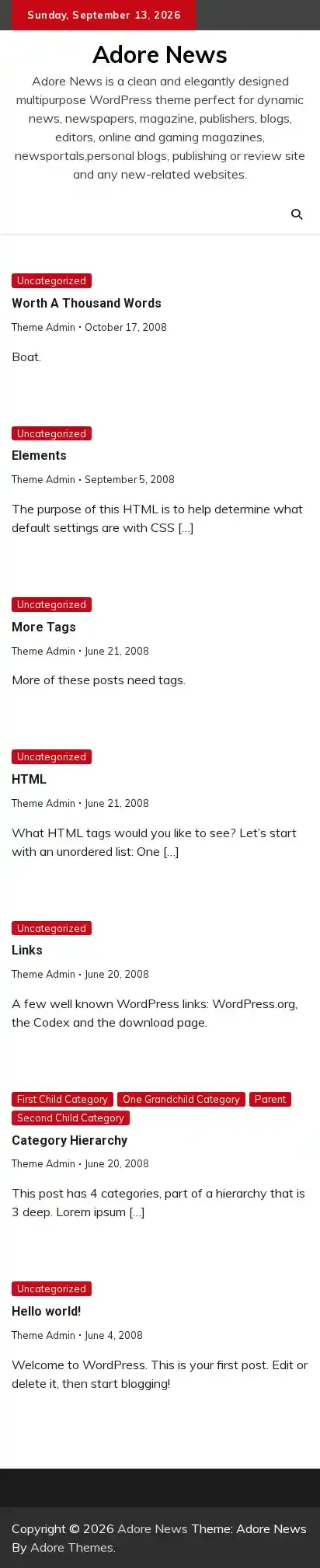 Adore News home page on mobile