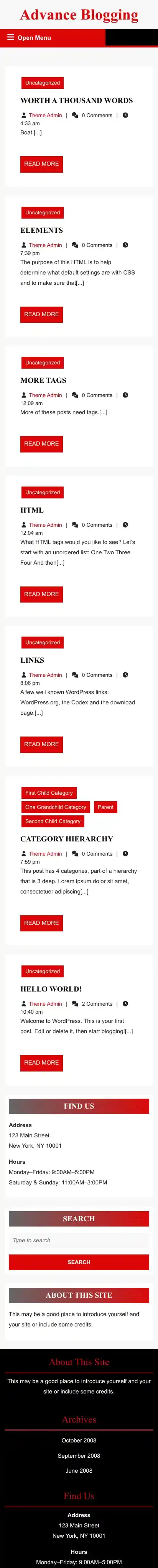 Advance Blogging home page on mobile