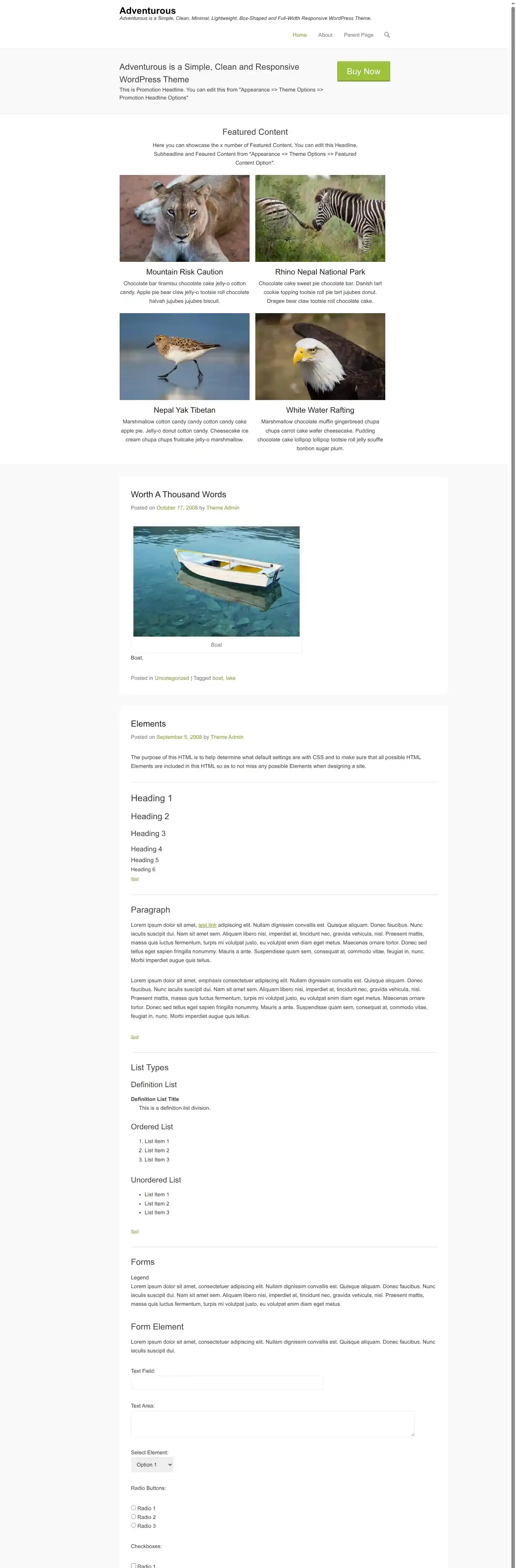 Adventurous home page on desktop