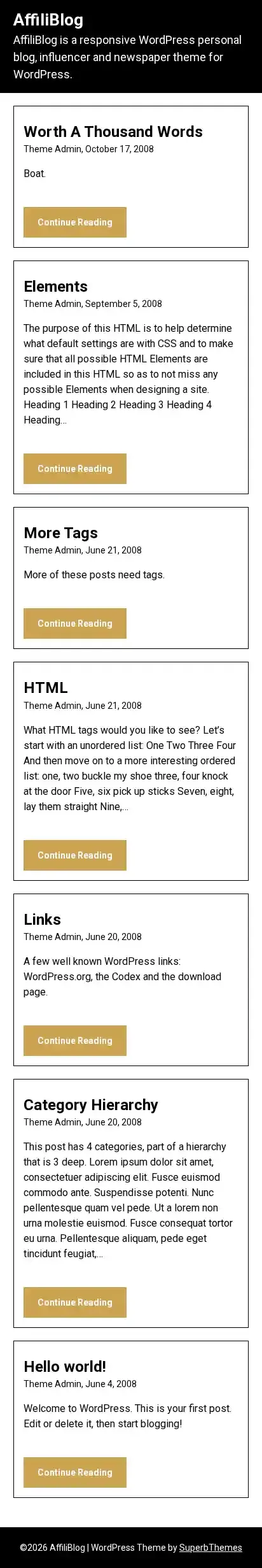 AffiliBlog home page on mobile