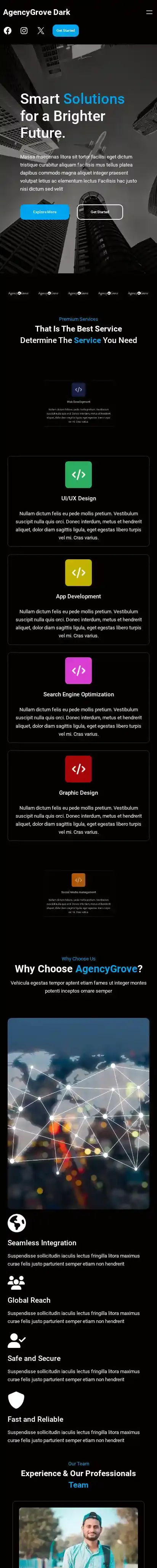 AgencyGrove Dark home page on mobile