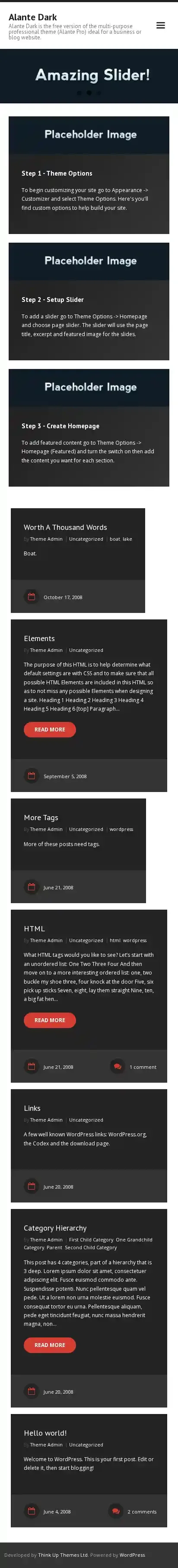 Alante Dark home page on mobile