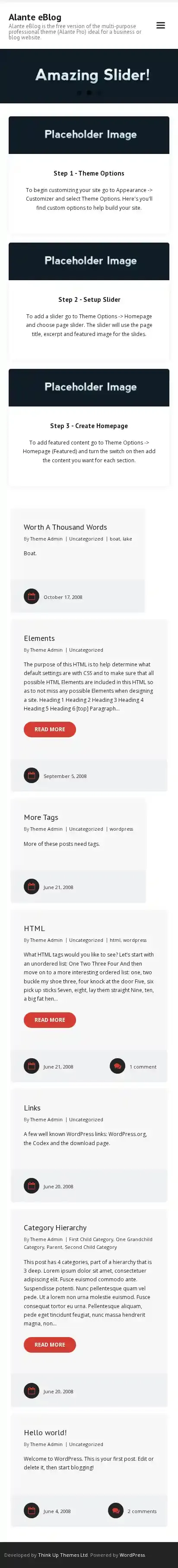 Alante eBlog home page on mobile