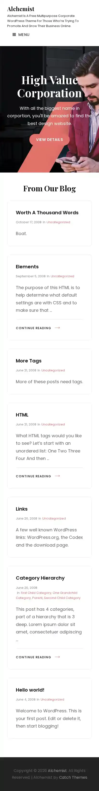 Alchemist home page on mobile