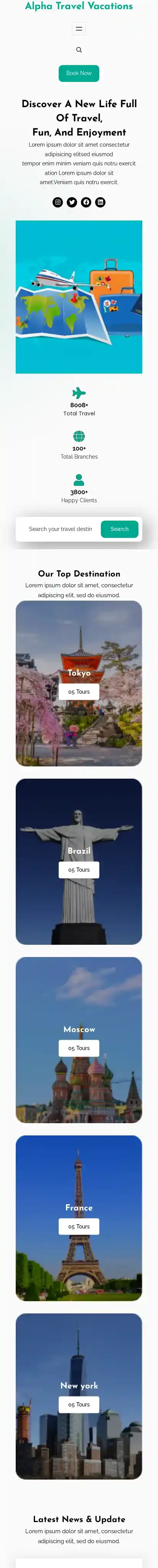 Alpha Travel Vacations home page on mobile
