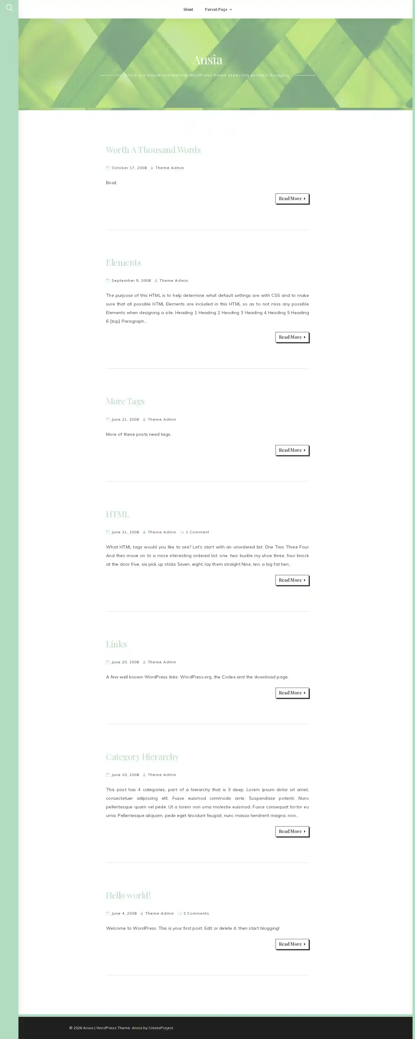 Ansia home page on desktop