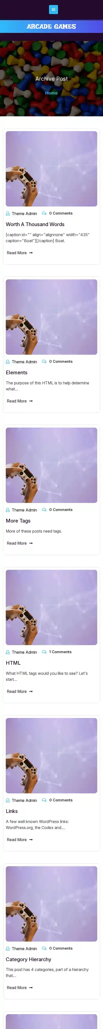Arcade Games home page on mobile