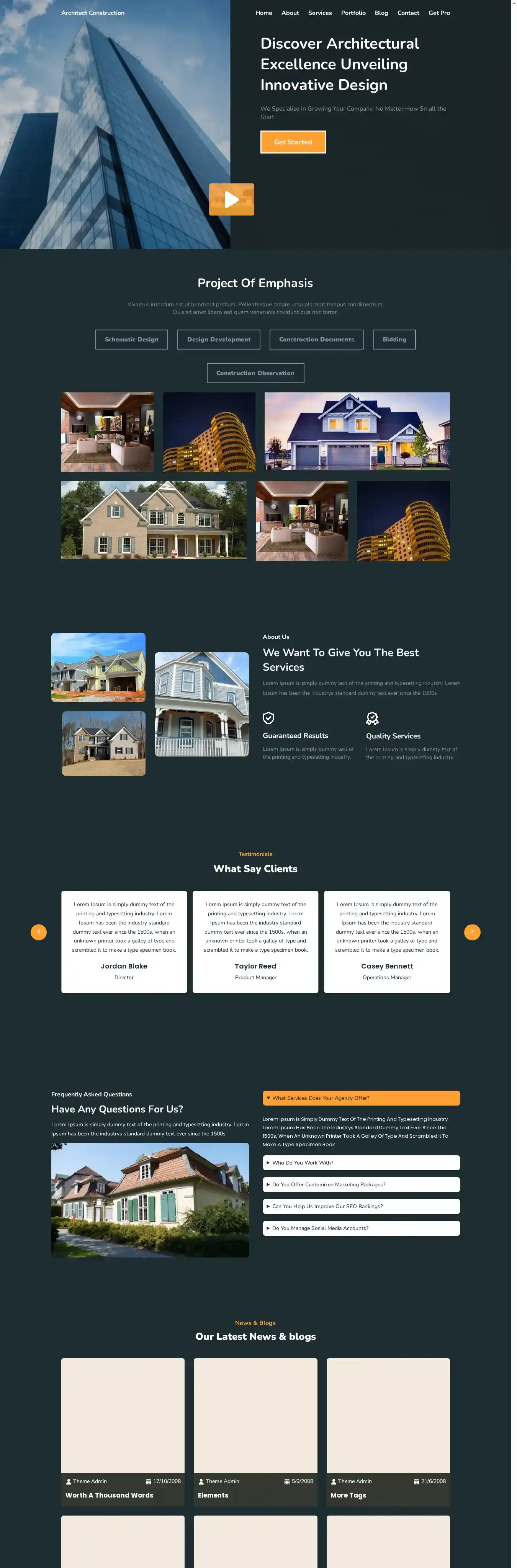 Architect Construction home page on desktop