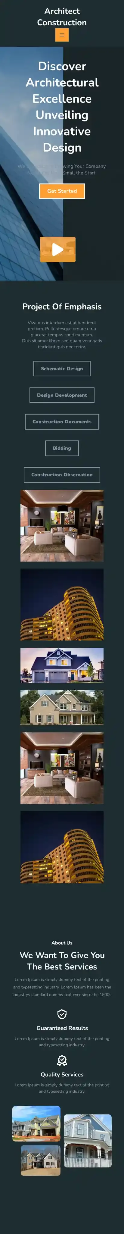 Architect Construction home page on mobile
