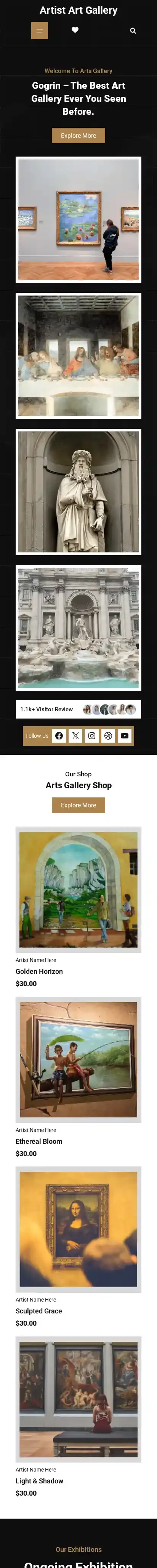 Artist Art Gallery home page on mobile
