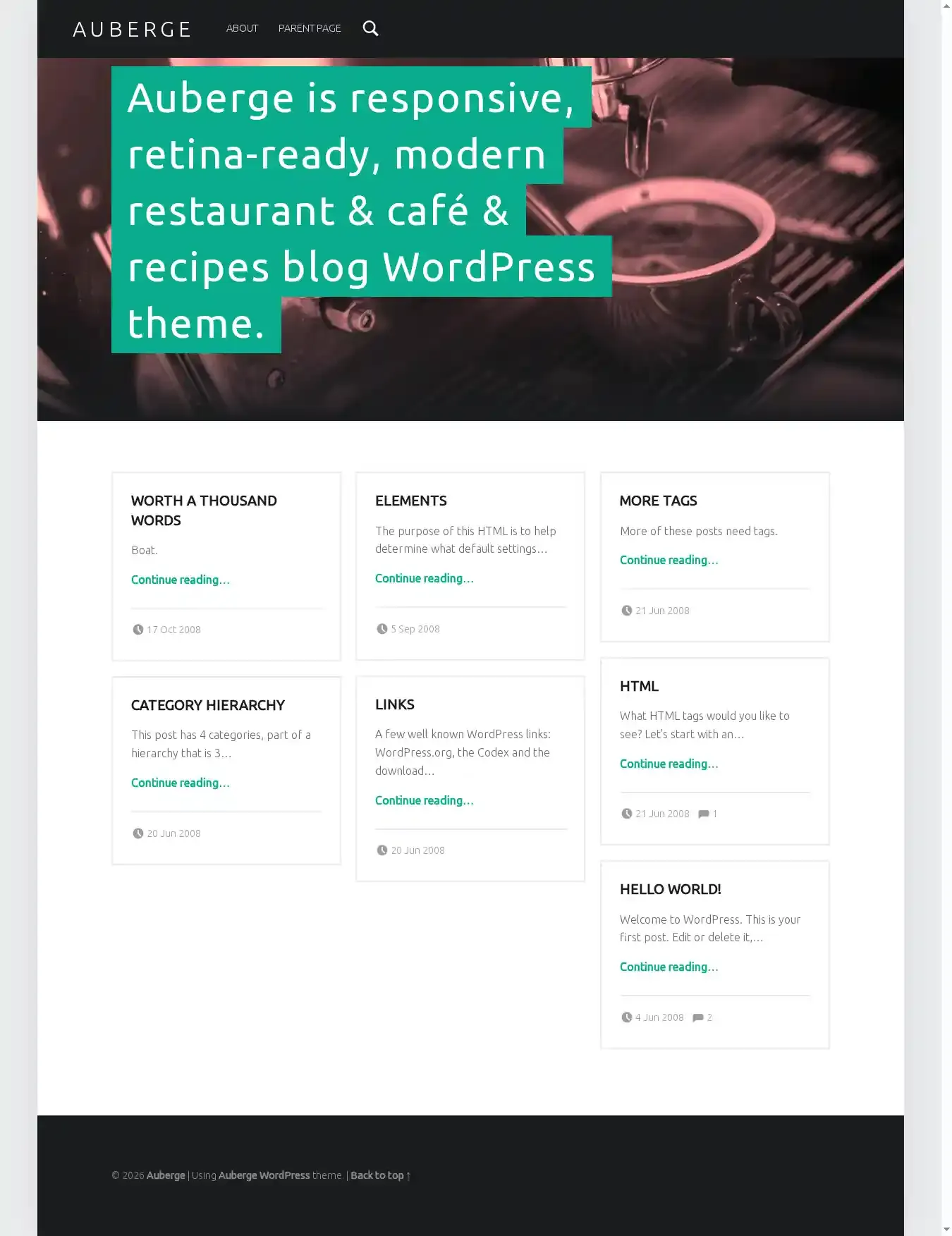 Auberge home page on desktop