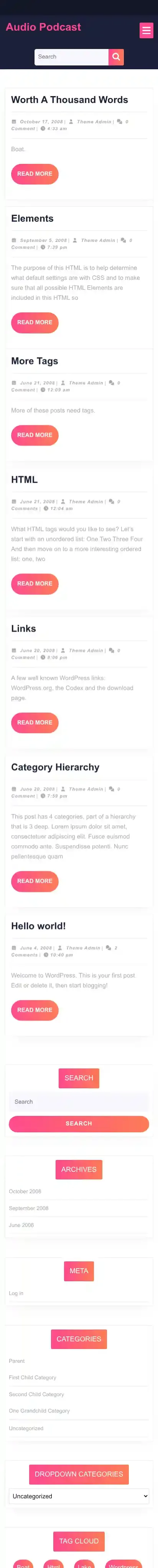 Audio Podcast home page on mobile