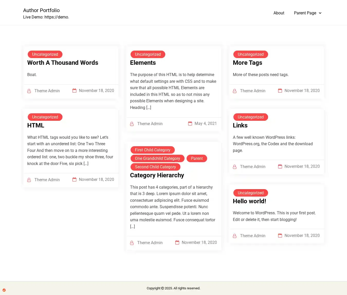 Author Portfolio home page on desktop