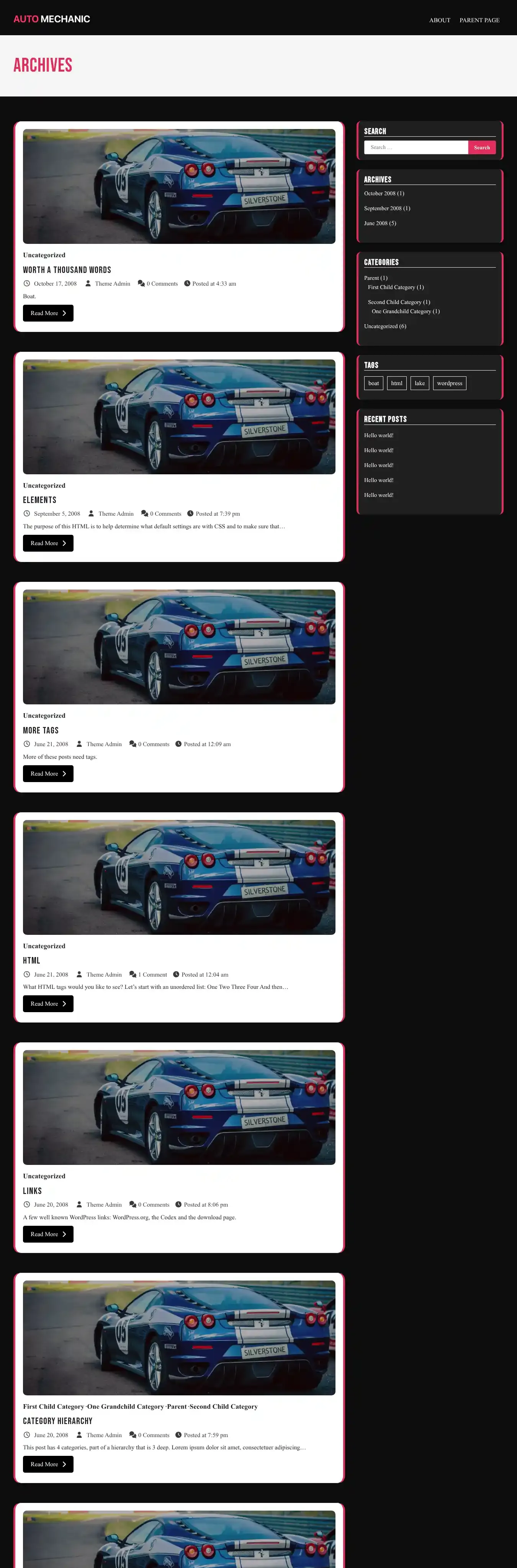 Auto Mechanic home page on desktop