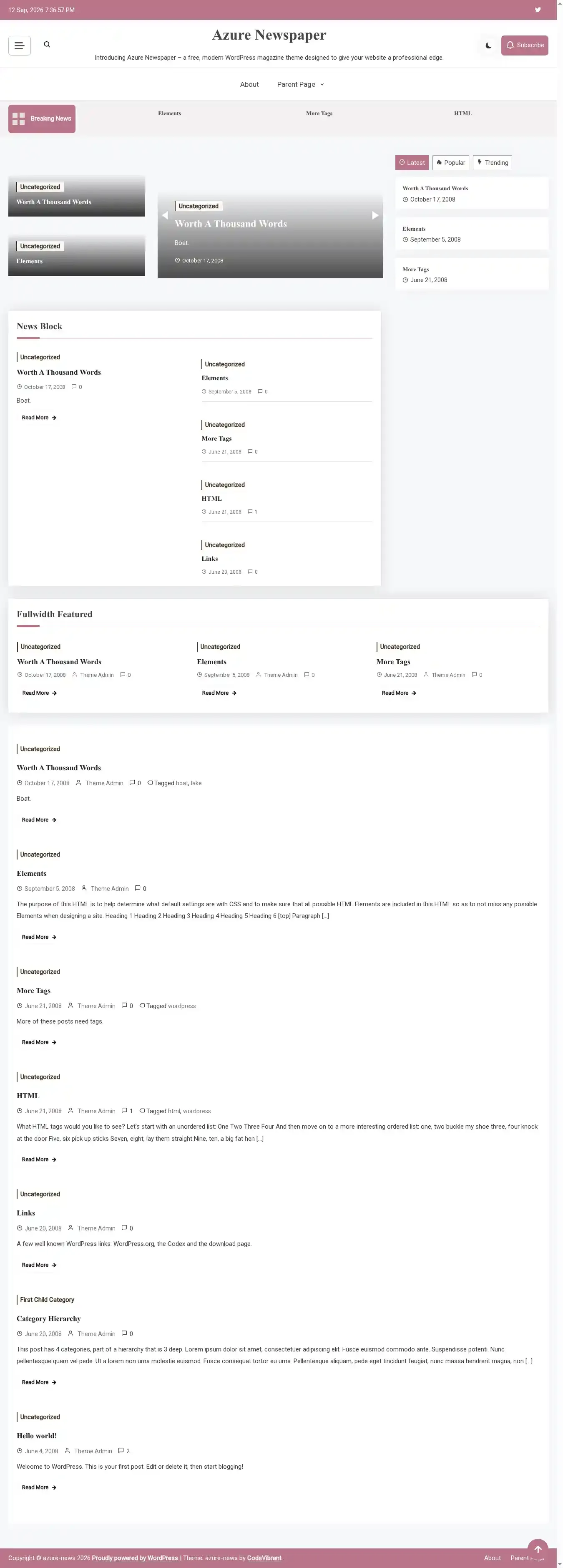 Azure Newspaper home page on desktop