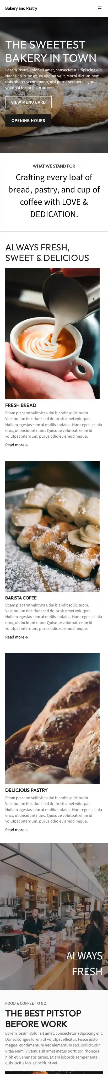 Bakery and Pastry home page on mobile