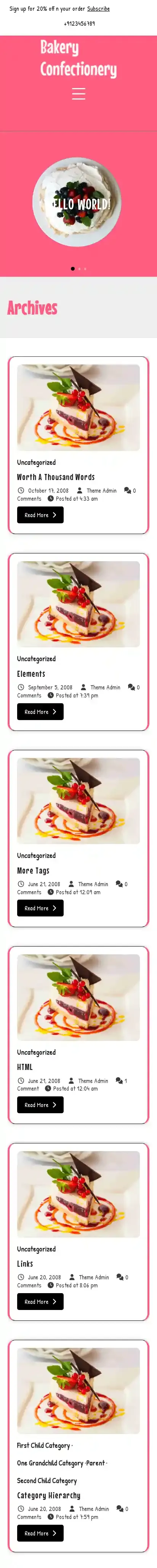 Bakery Confectionery home page on mobile