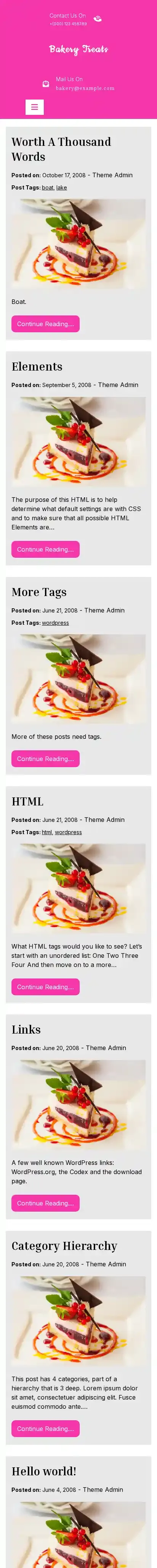 Bakery Treats home page on mobile
