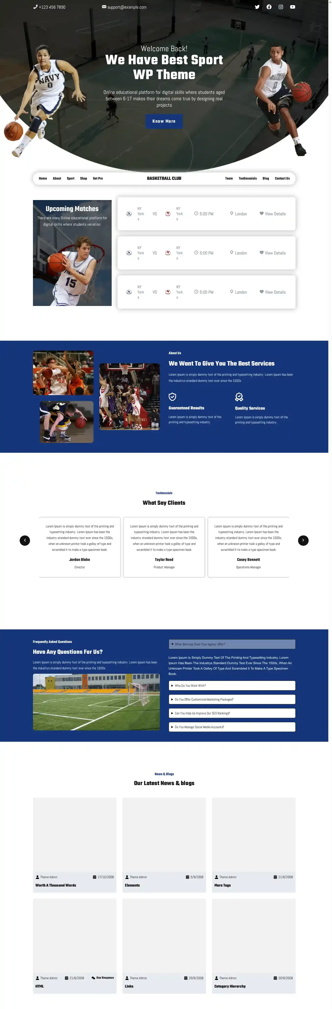 Basketball Club home page on desktop