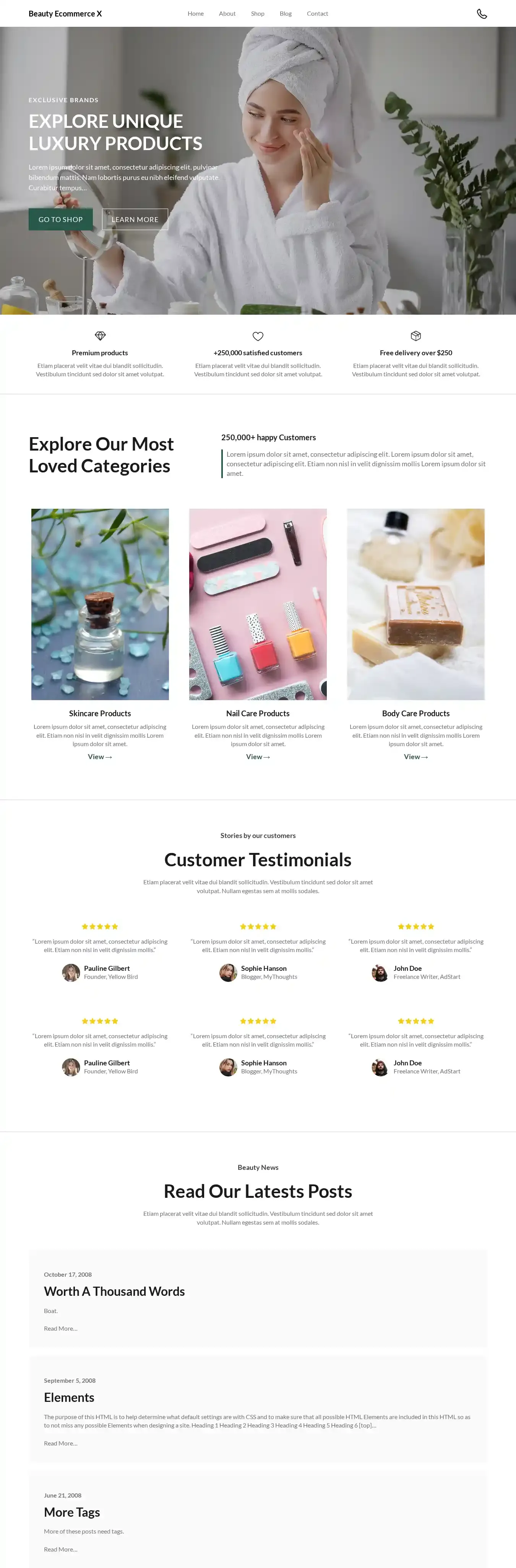 Beauty Ecommerce X home page on desktop