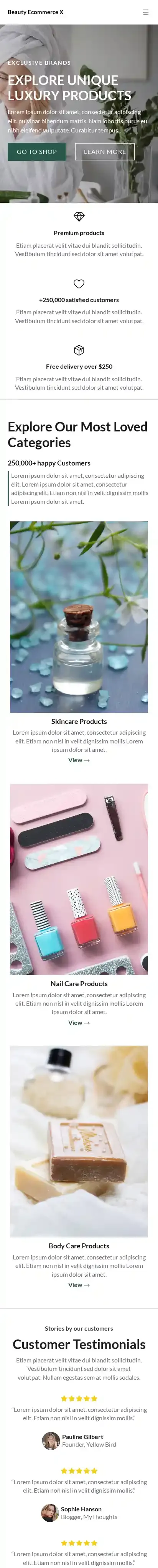 Beauty Ecommerce X home page on mobile