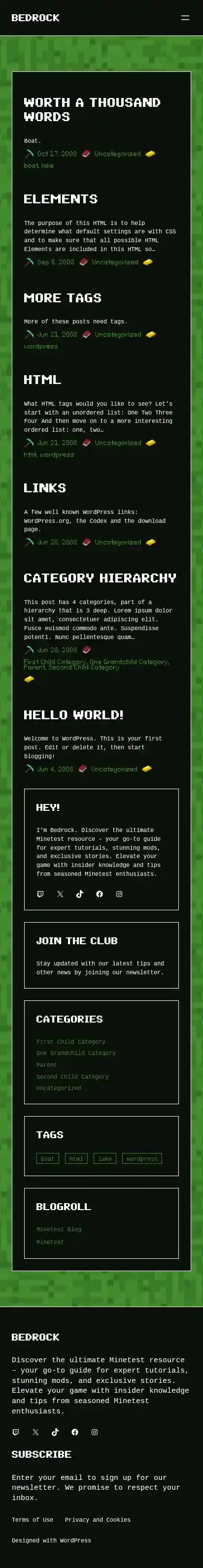 Bedrock home page on mobile