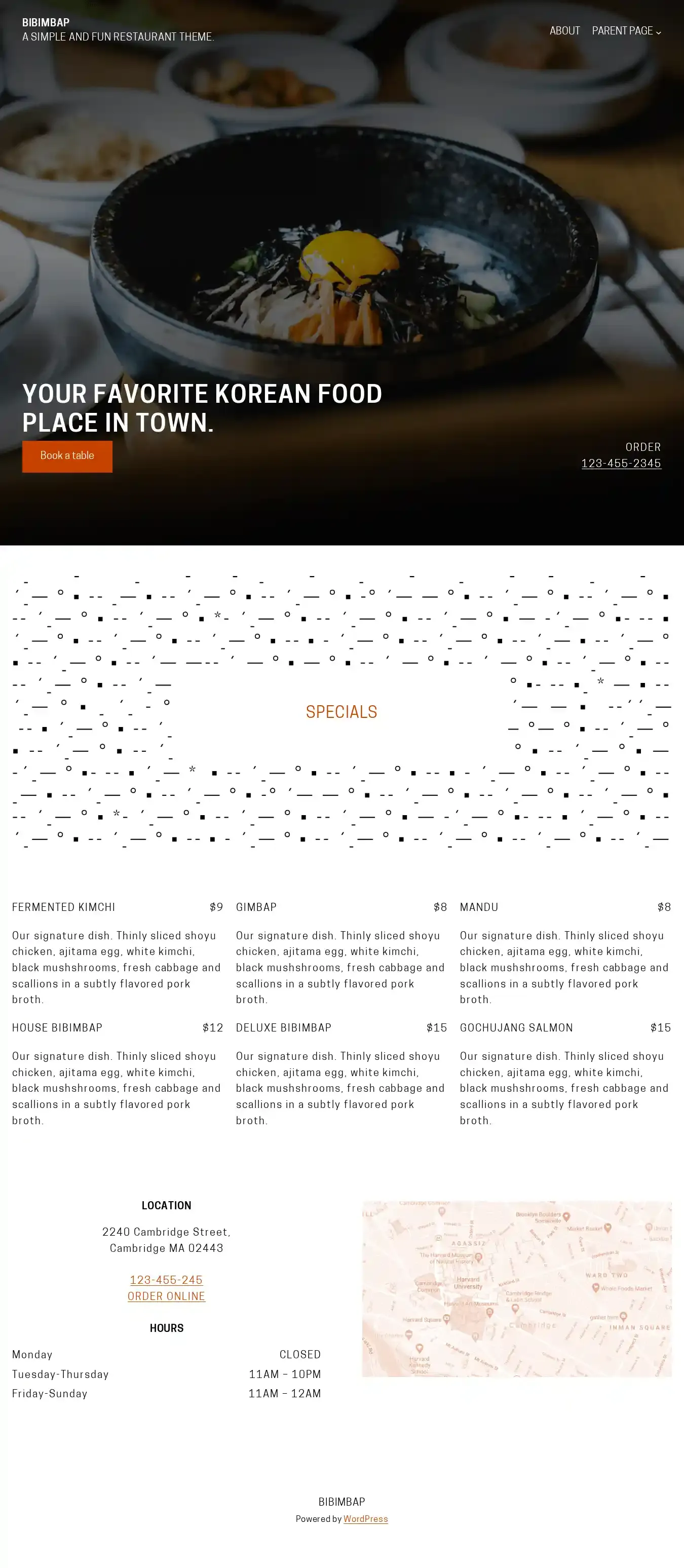 Bibimbap home page on desktop