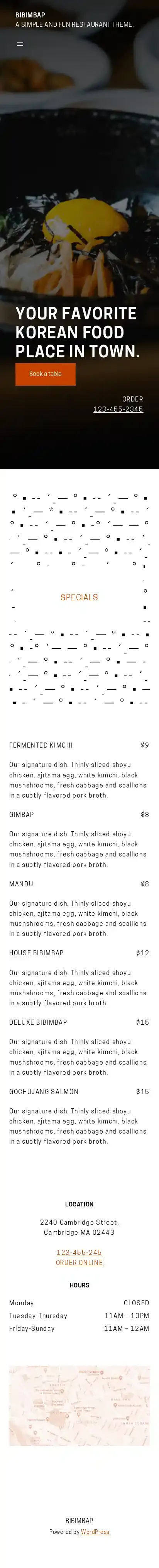 Bibimbap home page on mobile